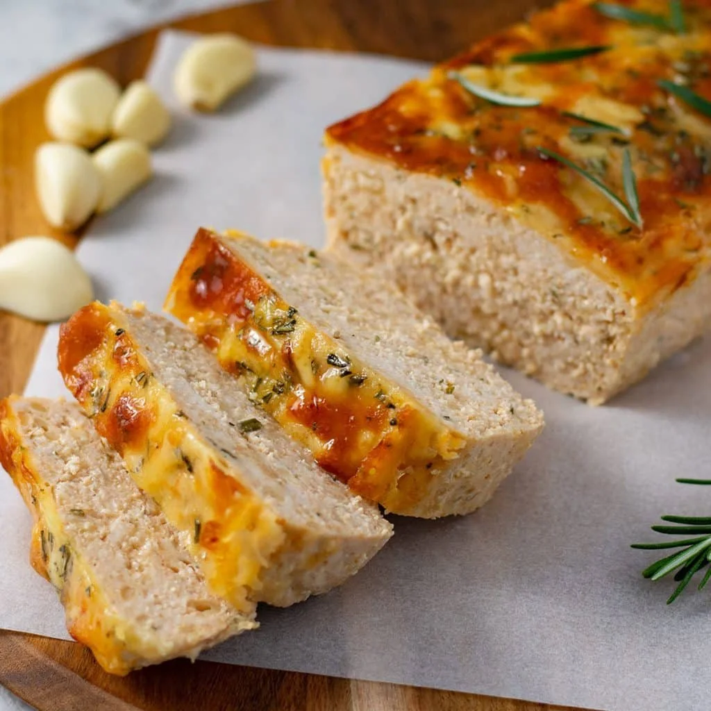 Delicious chicken and cheese meatloaf served with vegetables