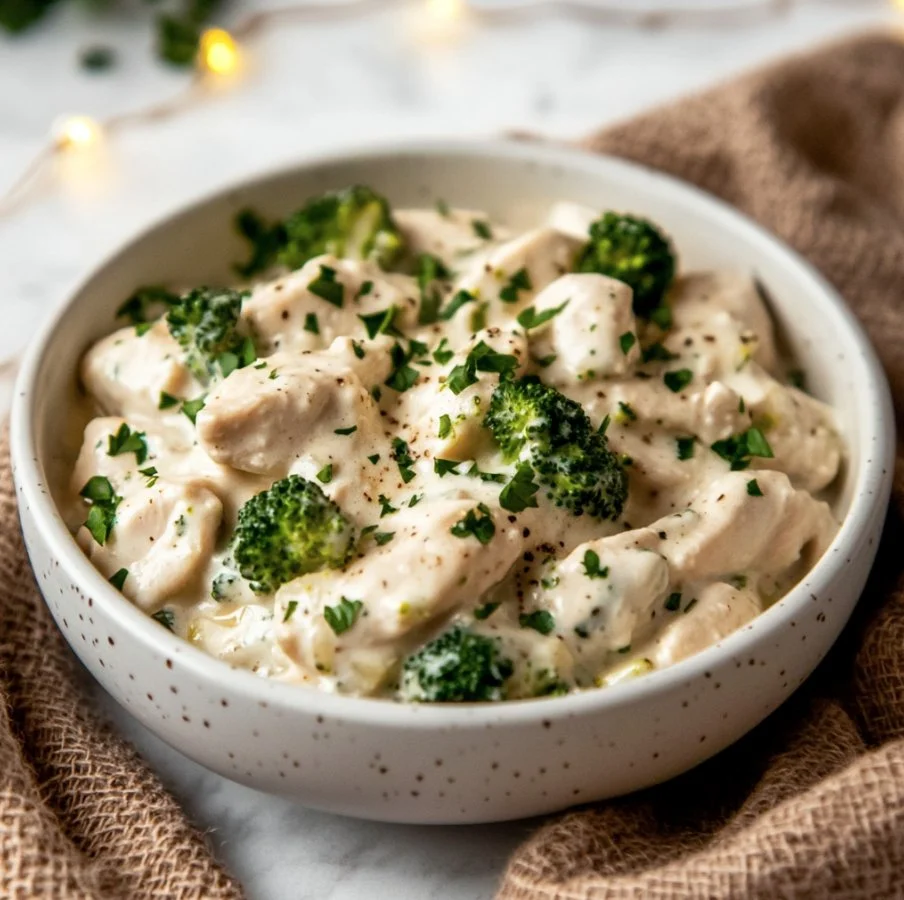 A plate of Keto Chicken Alfredo with broccoli, low-carb creamy pasta dish