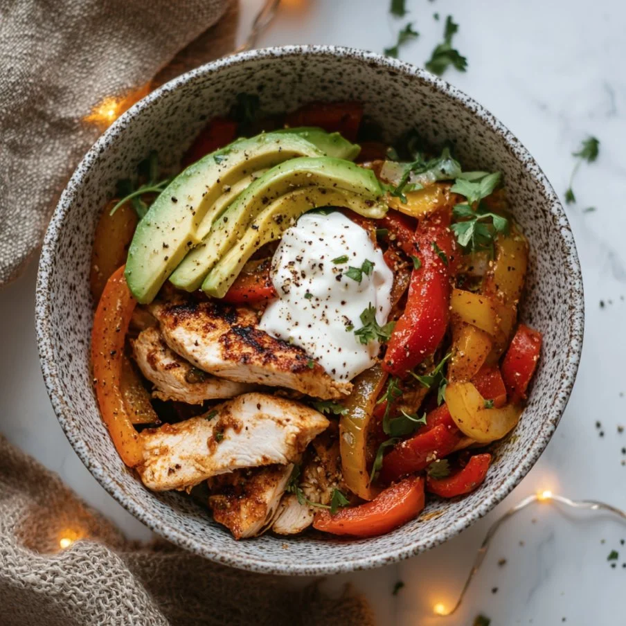 Keto Chicken Fajita Bowl with colorful peppers and grilled chicken on a plate