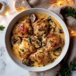 Keto Chicken in Mushroom Sauce served on a plate with fresh herbs