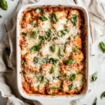 Keto Chicken Parmesan Casserole dish topped with cheese and herbs