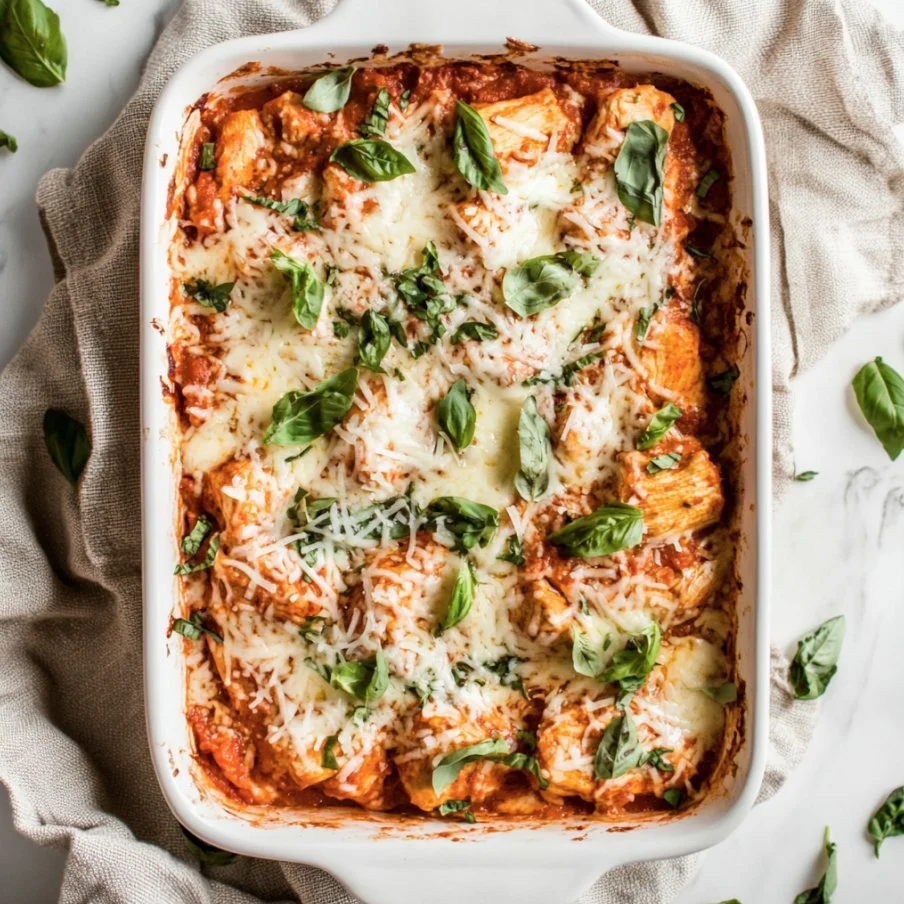 Keto Chicken Parmesan Casserole dish topped with cheese and herbs