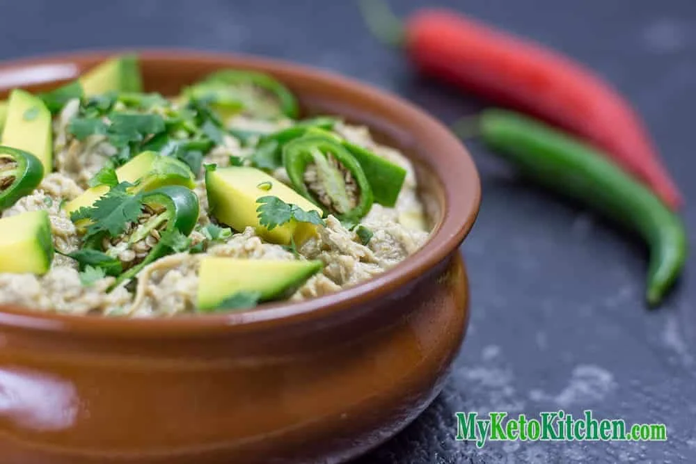 Bowl of Keto Shredded Chicken Mexican White Chili garnished with cilantro