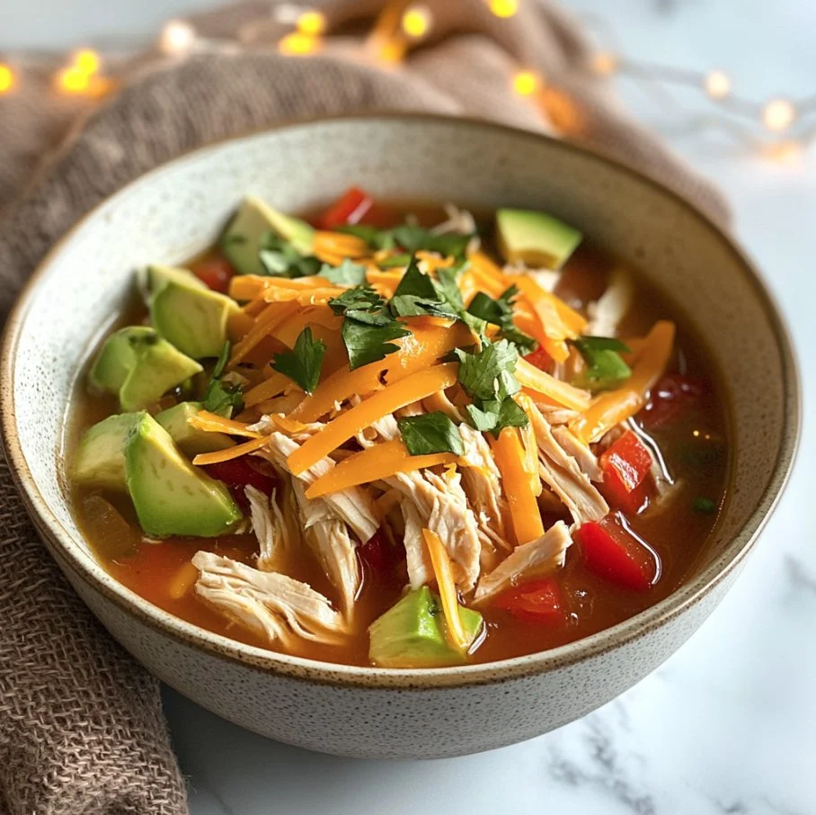 Bowl of Keto Tortilla Chicken Soup garnished with avocado and cilantro