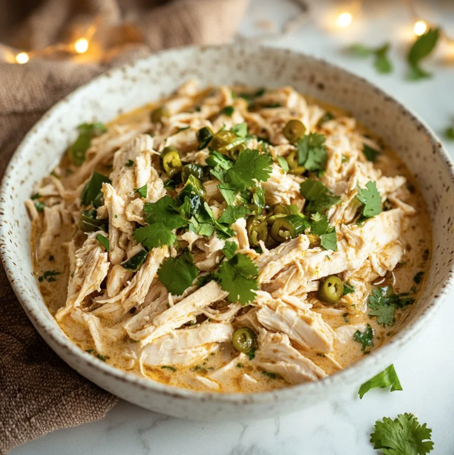 Delicious bowl of Keto White Chicken Chili topped with cilantro and cheese