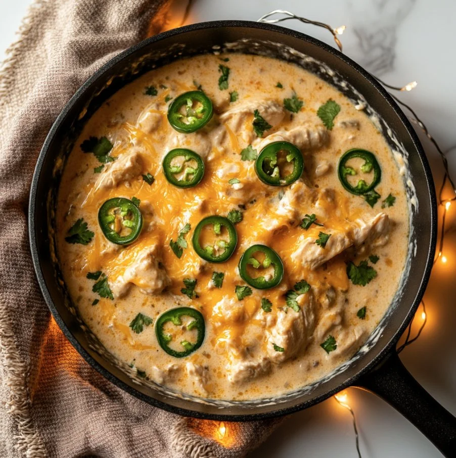 One-Pan Keto Cheesy Jalapeno Chicken dish garnished with jalapenos and cheese